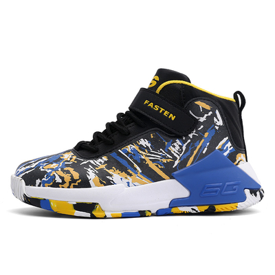 Zapatos de baloncesto para niños con suelas de goma resistentes al deslizamiento en color amarillo púrpura negro