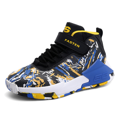 Zapatos de baloncesto para niños con suelas de goma resistentes al deslizamiento en color amarillo púrpura negro