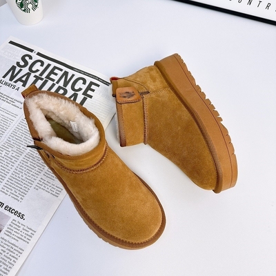Botas de nieve para mujeres de suela gruesa de lana y terciopelo botas de algodón de tubo corto antideslizante de piel de vaca