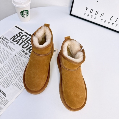 Botas de nieve para mujeres de suela gruesa de lana y terciopelo botas de algodón de tubo corto antideslizante de piel de vaca