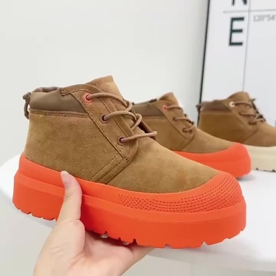 Invierno Piel de vaca Lana cálida Botas de nieve de suela gruesa Impermeables Antiderrapante Botas cortas a tres aguas con correas para mujeres