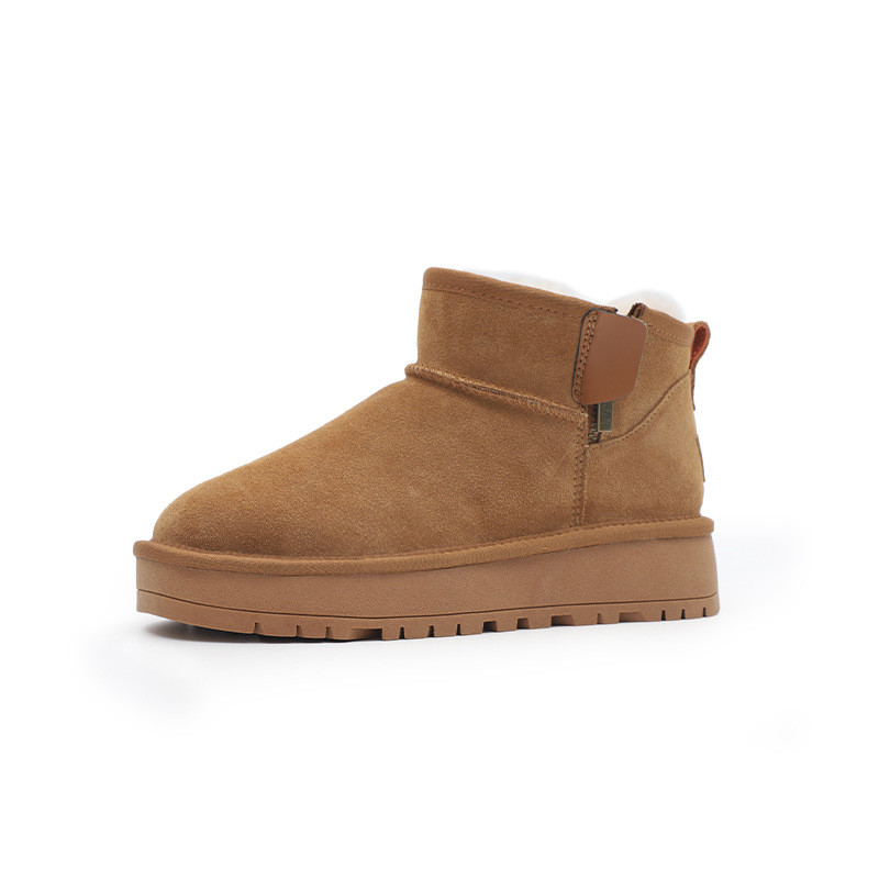 Botas de nieve para mujeres de suela gruesa de lana y terciopelo botas de algodón de tubo corto antideslizante de piel de vaca